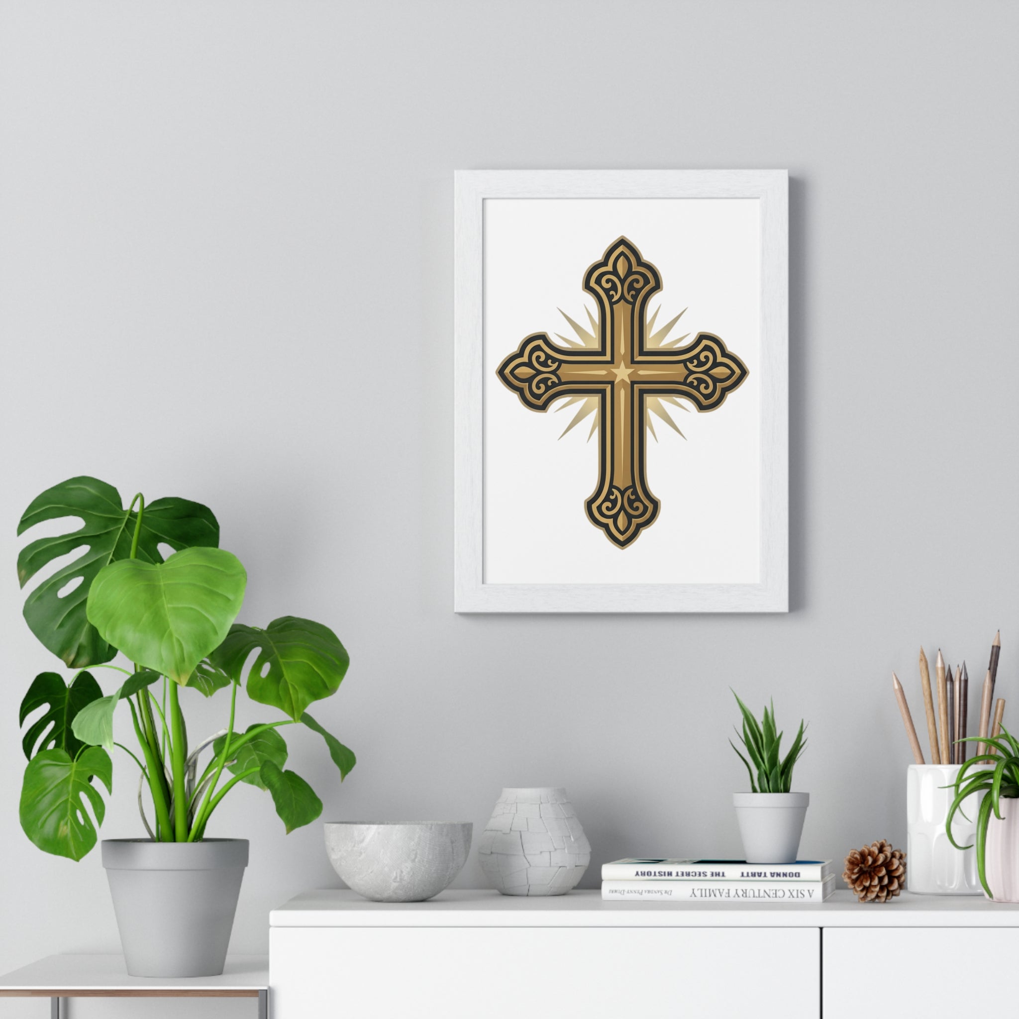 Framed Gold Ornate Cross Wall Art Poster