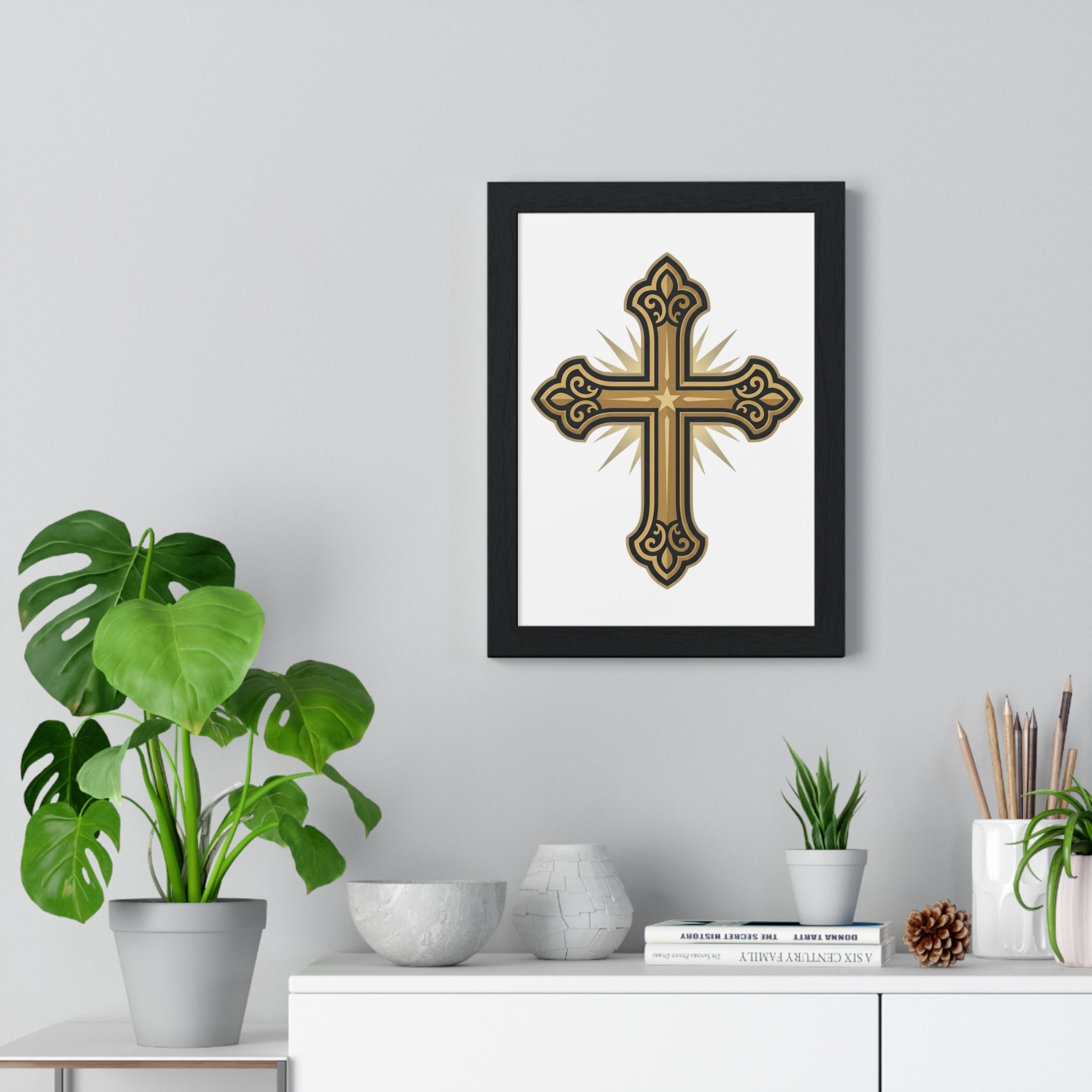 Framed Gold Ornate Cross Wall Art Poster