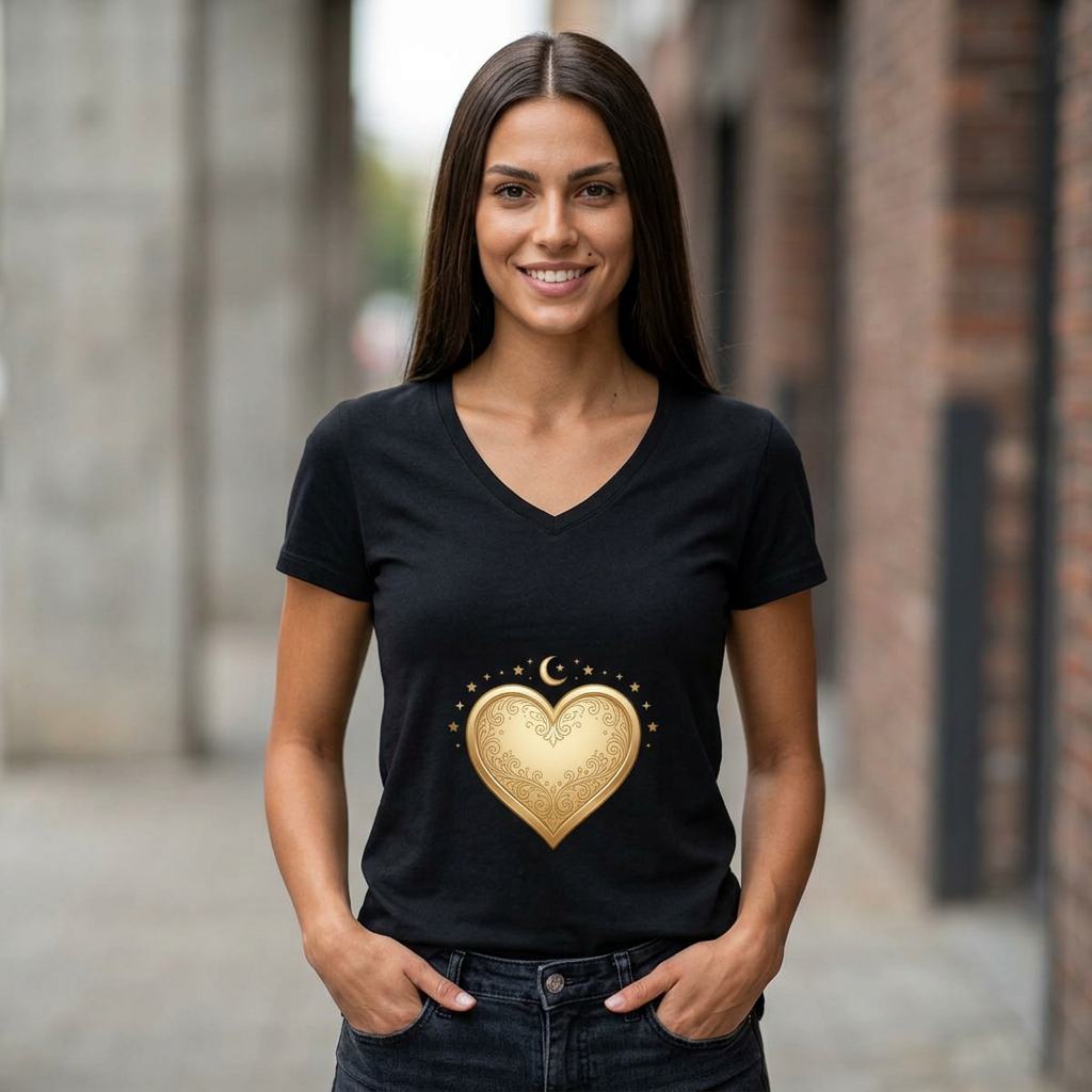 Gold Heart V-Neck Tee — Elegant Women’s Top