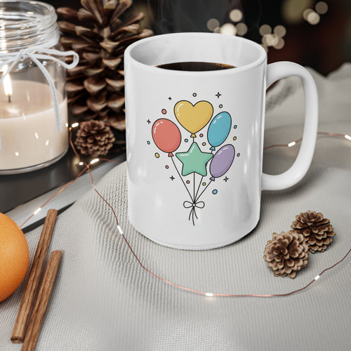 Taza de cerámica con ramo de globos — Globos de corazón y estrella de colores, 11oz/15oz